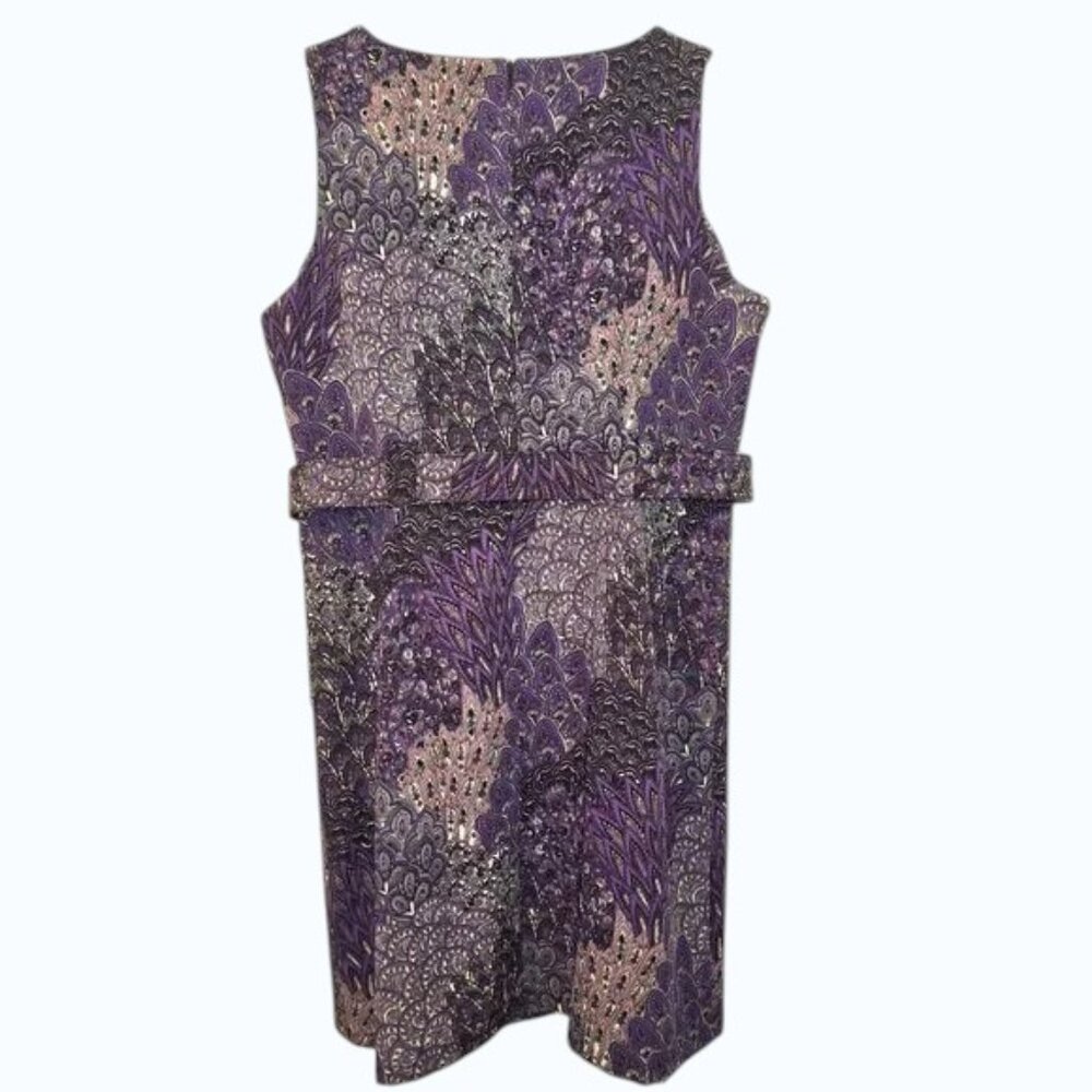 ILE NEW YORK Purple Peacock Paisley Sheath Dress Sleeveless Sz 16 Maximalist